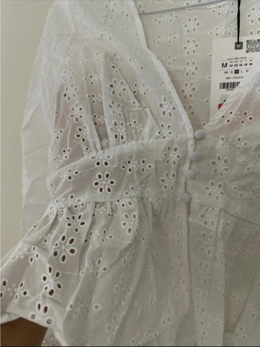 Zara White Eyelet V-Neck Peplum Blouse